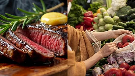 Rusiyalı qadın steyk və yuyulmamış meyvə-tərəvəz yedikdən sonra