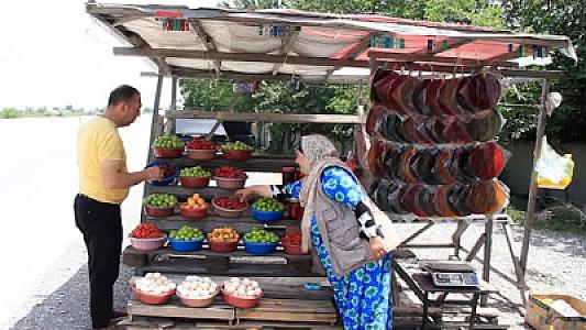 Magistral yol kənarında satılan meyvələri yemək